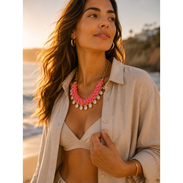 Colar artesanal em fio de malha, 100% feito à mão. Em duas cores quentes, combinadas num tom vibrante de verão e um toque de mar – perfeito para um dia descontraído de sol, trazendo cor e elegância a qualquer look.
